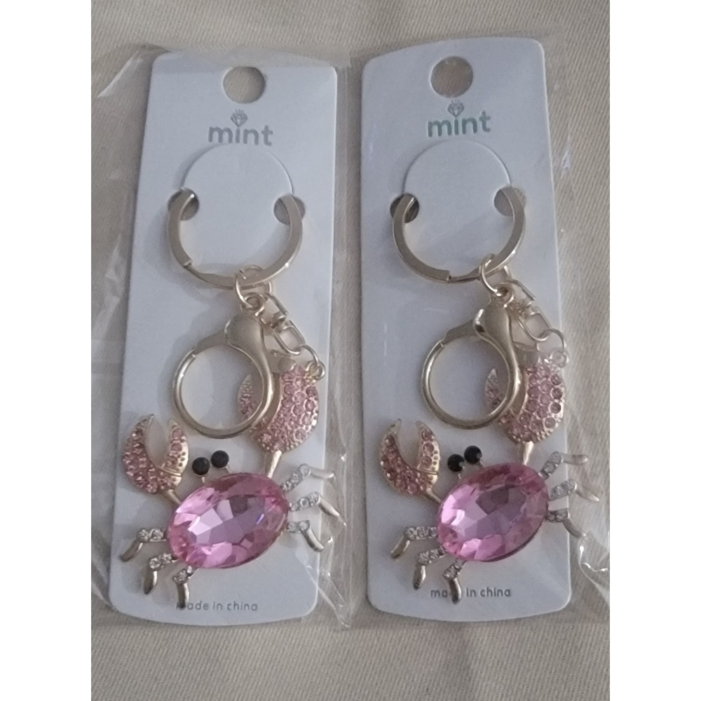 Mint Pink Rhinestone Crab Keychain Bag Charm Gold Tone NWT 7.00 EACH